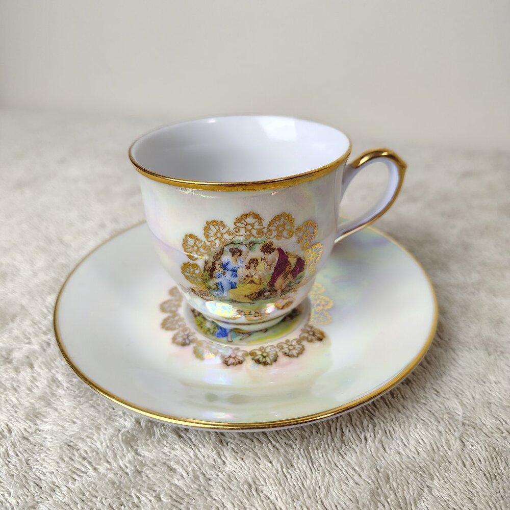 Vintage MZ Demitasse Cup And Saucer Set Three Graces Iridescent Gold Czech